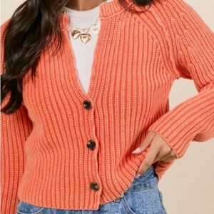 Orange /Coral Long Sleeve Washed/
Ribbed Button-Front Cardigan Sweater: Small